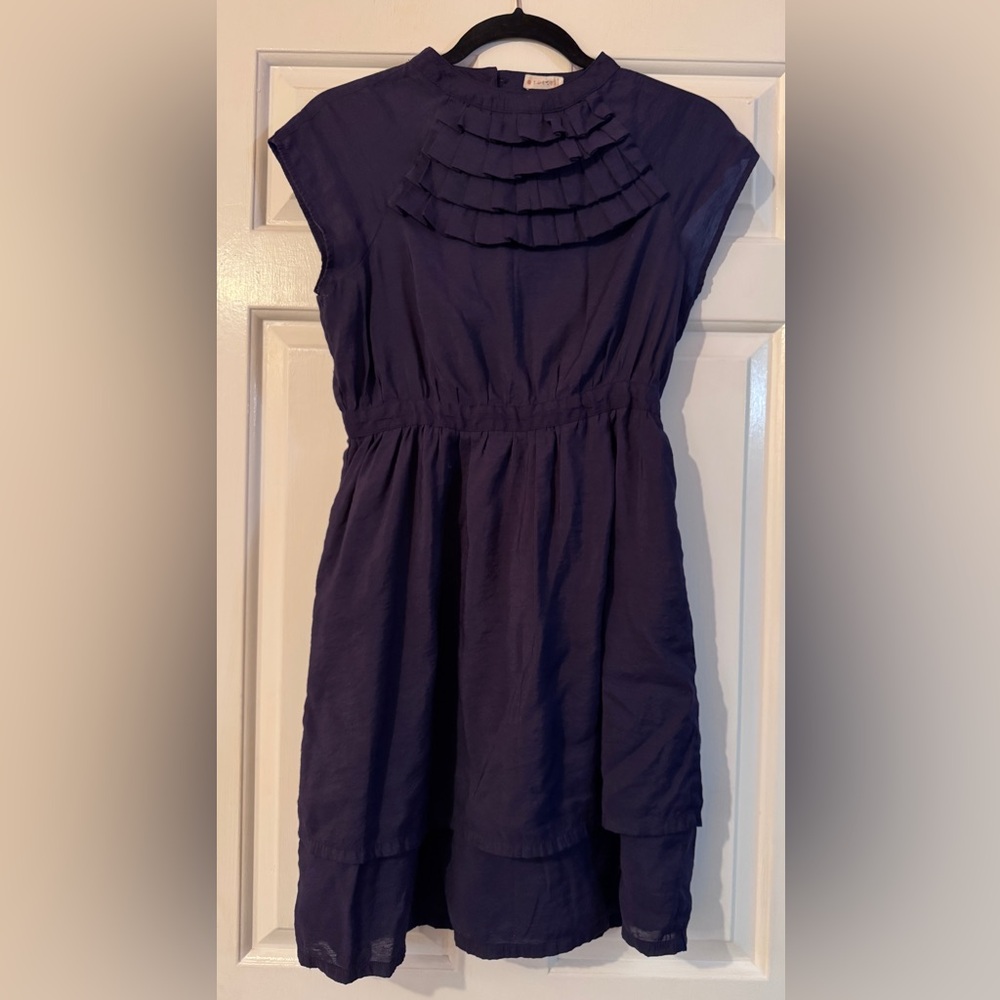 Tulle Navy Blue Mini Dress With Pleated Neckline Lined and Layered Skirt EUC